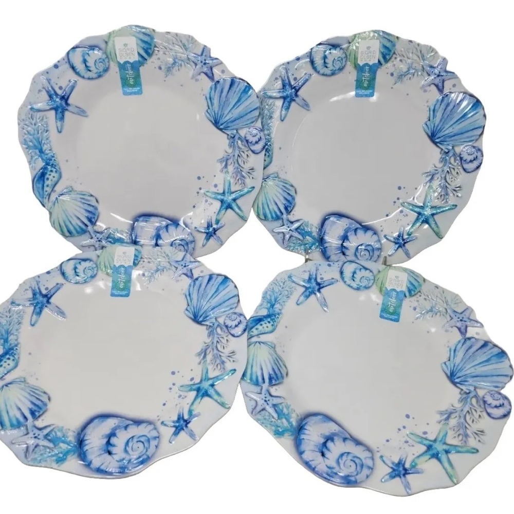 x4 Sigrid Olsen coastal Seashell Melamine Dinner Plate Set Beach New